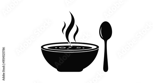 A minimalist black graphic depicts a steaming bowl of soup with a spoon showcasing a striking silhouette