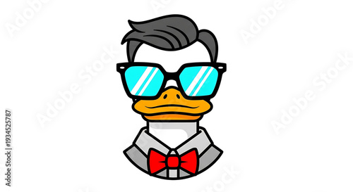 A cartoon duck wearing sunglasses and a suit with a red bow tie