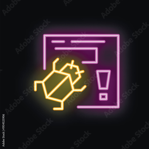 Neon icon of a bug approaching a computer system with a warning alert sign, representing a software threat