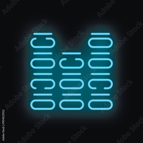 Blue neon equalizer icon glowing on a black background, representing audio mixing and sound adjustment