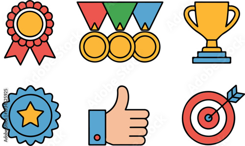 Set of achievement and success icons with checkered background featuring medals, trophy, star badge, and target.