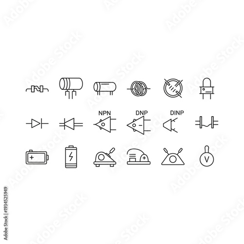 Set of electronic component icons for circuit diagrams and schematics