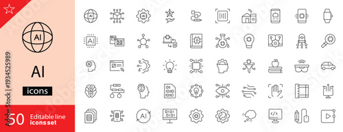 AI icons set. Includes symbols of artificial intelligence, machine learning, neural networks, robots, data processing, and smart technology. Editable stroke. Vector illustration. Outline icons.