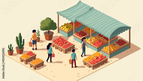 A charming illustration of a young boy collecting oranges in a basket at a vibrant fruit stand.  Perfect for depicting freshness, healthy living, or a