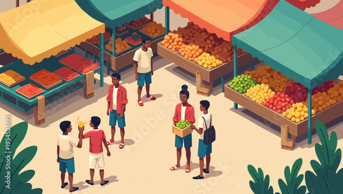 A vibrant illustration showcasing a young boy observing a colorful spice market display. Ideal for conveying themes of curiosity, exploration, and cul