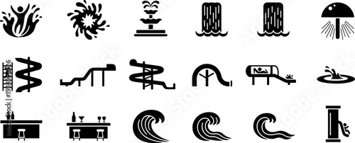 Water park and pool icons set, splash fountain slides waves and bar symbols isolated, flat vector illustration