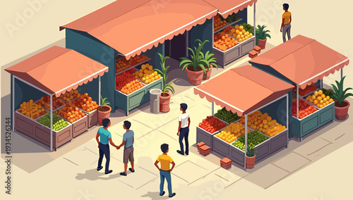 This vibrant illustration depicts a fruit stand with oranges and green produce, evoking a sense of abundance and freshness. Ideal for illustrating loc