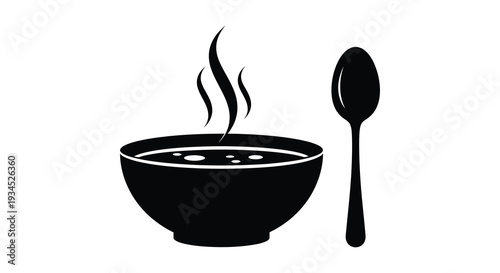 A minimalist depiction of a bowl of hot soup with rising steam and a spoon presented as a silhouette