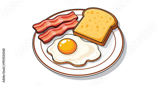 A vector graphic illustration of a plate of breakfast food with bacon, toast, and a fried egg