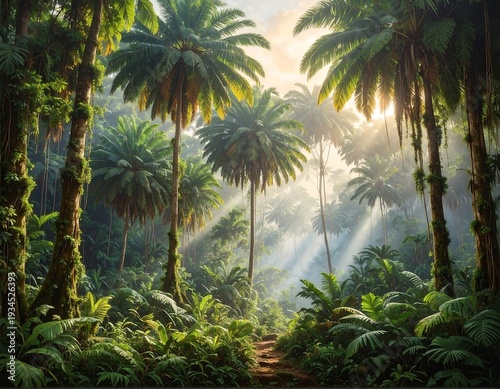 A vibrant tropical forest scene with tall palm trees, sunlight piercing through the canopy, illuminating lush greenery
