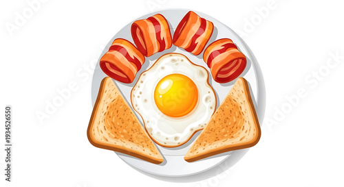 A vector graphic illustration of a delicious breakfast plate with bacon, egg, and toast