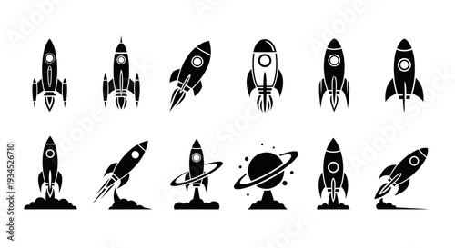 Collection of stylized black rocket icons in various launch phases and orbits, representing space exploration, technology, and futuristic journeys, rendered in a flat graphic design.