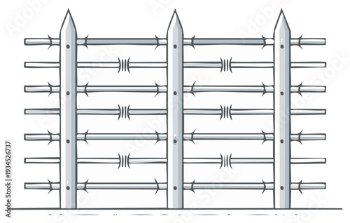 Cartoon illustration of a metal fence with barbed wire