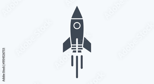 Minimalist dark gray vector graphic of a retro-style rocket ship ascending into space with stylized exhaust flames and a circular window, symbolizing launch and exploration.