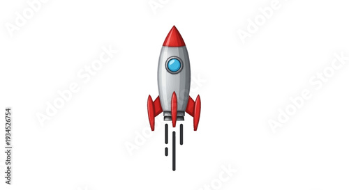 Retro-futuristic silver and red rocket ship blasting off into the cosmos with fiery exhaust trails, symbolizing space exploration and adventure in a clean, graphic style.