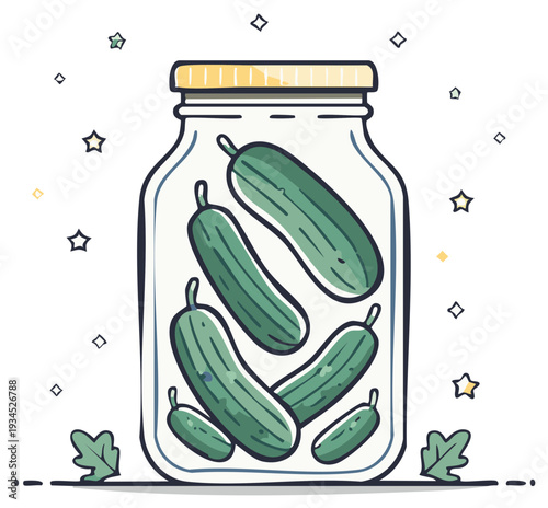 Pickled Cucumbers in a Jar Illustration. Fresh, Green Pickles in a Glass Jar. Food and Drink Concept