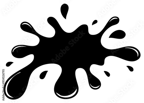 Black ink blot splash illustration, liquid splat with isolated blobs, design element.