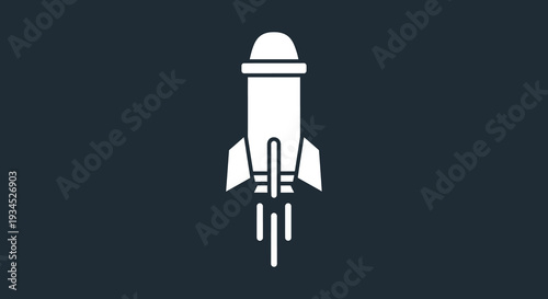 Minimalist white graphic icon of a stylized rocket ship launching upwards with exhaust trails against a dark blue backdrop, symbolizing progress, exploration, and space travel.