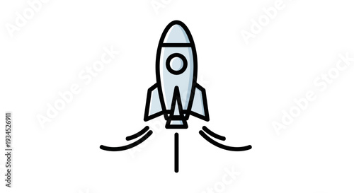 Minimalist flat icon of a sleek, silver spaceship launching upwards with fiery exhaust trails against a clean white background, symbolizing space exploration and new beginnings.