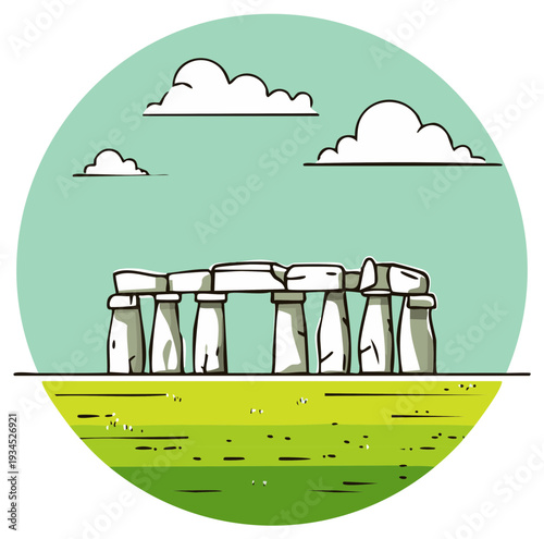 Stonehenge illustration within a circle, featuring historical rock formations on green landscape