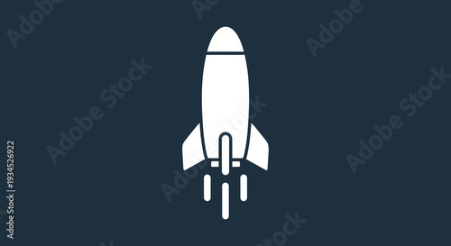 Modern minimalist white rocket ship icon soaring upwards with fiery exhaust trails against a deep navy blue background, symbolizing space exploration and future innovation.