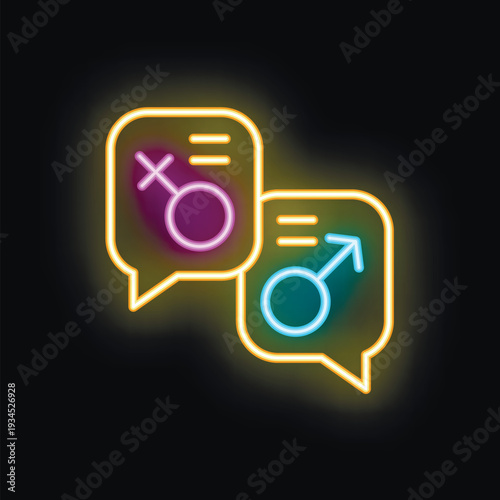 Two speech bubbles with male and female gender symbols are glowing on black background