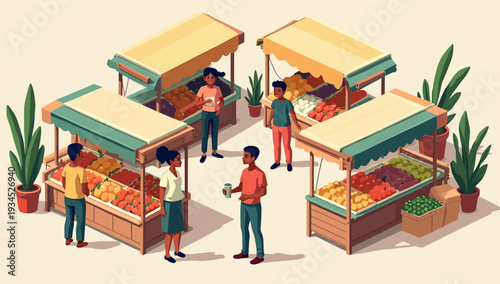 A vibrant illustration depicts a customer browsing a colorful fruit and vegetable stand, evoking feelings of healthy living and local shopping. Ideal 