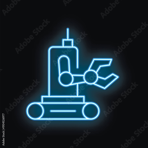 Blue glowing neon line industrial robot manipulator icon isolated on black background. Vector illustration