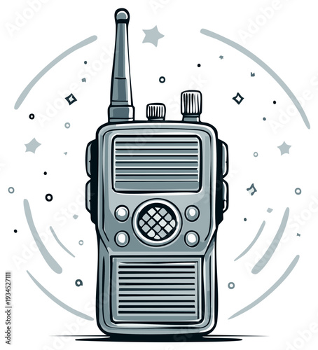 Retro Walkie-Talkie Device with Stylized Energy Waves and Confetti