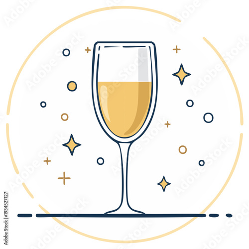 Elegant champagne glass illustration with sparkling stars for celebration or event.