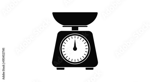 A black silhouette of a classic mechanical scale featuring a circular dial stands isolated on a white background silhouette