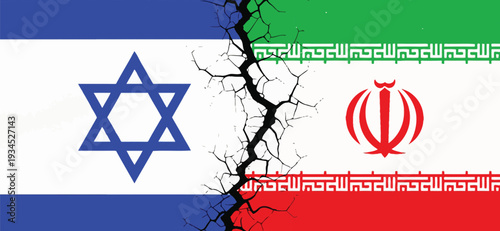 Israeli and iranian flags separated by deep crack representing diplomatic breakdown and political division between two middle eastern countries in global affairs