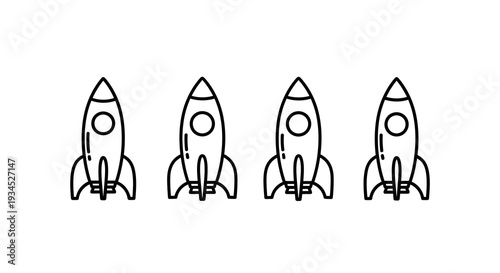 Four identical cartoon rockets aligned horizontally on a stark white background, ready for launch in a minimalist, iconic, graphic art style.