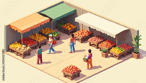 A brightly colored illustration depicting a market stall overflowing with fresh fruit. Ideal for conveying themes of abundance, healthy eating, or loc