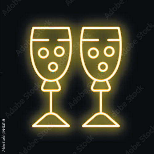 Two wine glasses with bubbles are glowing with a neon effect on a black background
