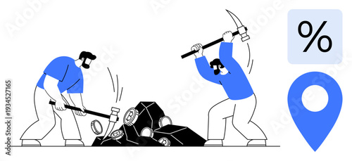 Cryptocurrency, mining, blockchain technology, financial investment, digital economy, location services. Two workers breaking rocks with tools. Cryptocurrency mining and blockchain technology concept