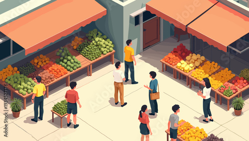 A vibrant illustration of a market vendor inspecting a colorful display of fruits and vegetables. Perfect for conveying concepts of local sourcing, he