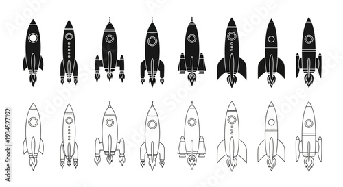 Collection of stylized rocket ships in silhouette and outline, showcasing diverse designs for space exploration and science fiction themes, in a minimalist vector art style.