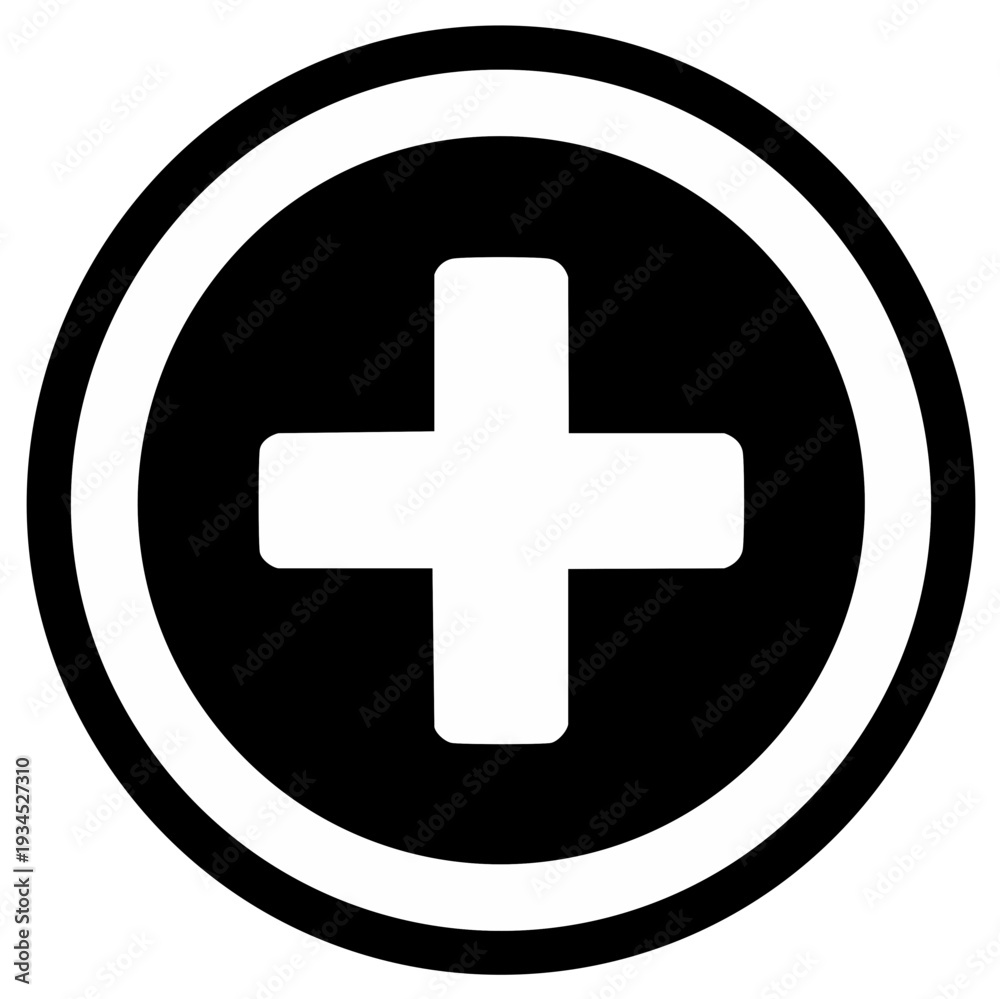 Obraz premium White Cross Symbol in Black Circle with White Outline, Medical and Healthcare Concept