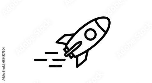 Modern minimalist line art icon of a sleek, stylized rocket ship accelerating rapidly upwards with dynamic speed lines, signifying launch, space travel, innovation, and swift progress on a c
