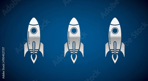 Three sleek silver stylized rockets ascend in a dynamic, minimalist graphic, set against a deep blue gradient background, symbolizing exploration and progress