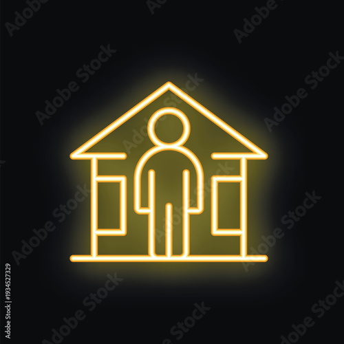 Glowing yellow neon icon of a person standing inside house representing staying at home