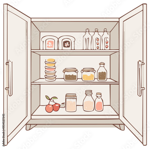Pantry Shelf Filled with Jars and Food Items Featuring Cherry Accents in Simple Illustration Style