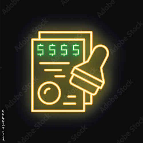 Glowing neon icon of a business contract with dollar signs being stamped, illustrating the finalization of a deal