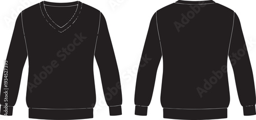 Black V-Neck Sweater Front and Back View Isolated on White