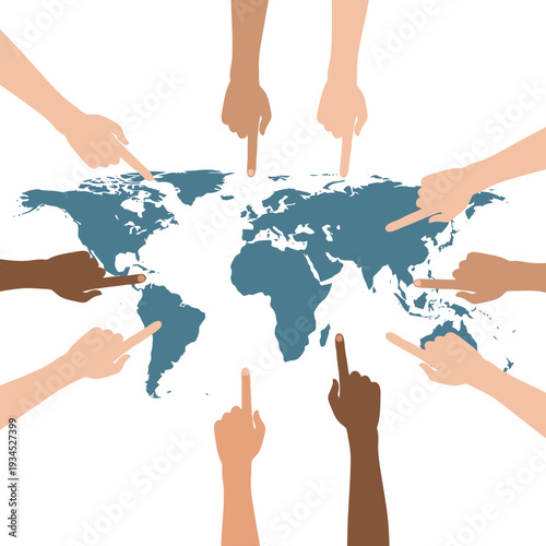 Diverse Hands Pointing to World Map, Global Connection and Unity Concept