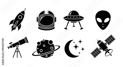 Collection of celestial objects and futuristic spacecraft icons rocket, astronaut helmet, flying saucer, alien head, telescope, planet, moon, and satellite, rendered in a clean, modern, flat