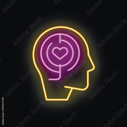 Neon sign depicting the outline of a human head with a heart symbol at the center of a maze, representing the search for emotional well being