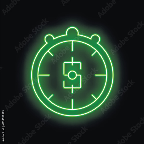 Glowing neon green clock showing a dollar sign in crosshair on a black background representing the concept of time is money