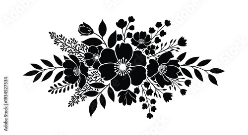 An elegant arrangement of dark floral shapes and leafy branches creates a striking botanical design silhouette high quality